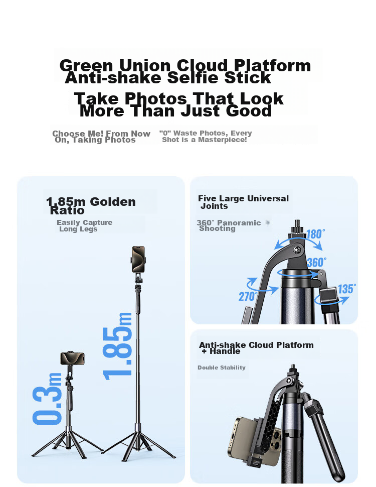 UGREEN Selfie Stick Tripod, Handheld Phone Stand, 1.85 Meters Floor-Standing Bracket, Handheld Anti-Shake Selfie Gimbal, 360° Rotation, Multifunctional Portable Aluminum Alloy, Suitable for Apple 18 Xiaomi 5