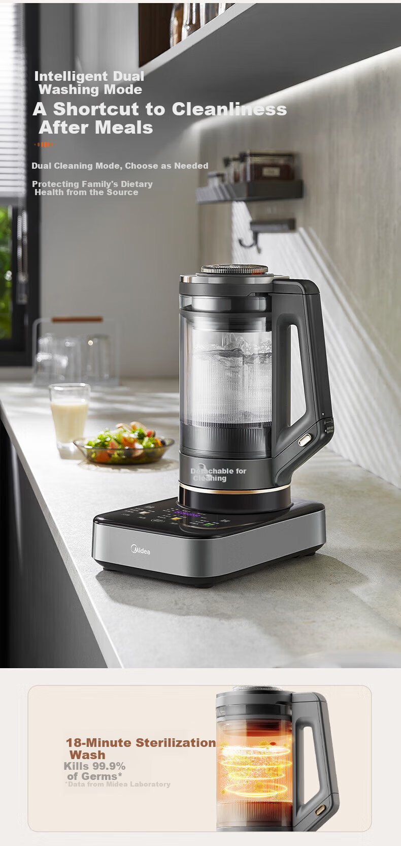 Midea High-Speed Blender, Home Soy Milk Maker, Detachable Multi-Function Food Processor, 1.75L Juicer for 3-5 People, Mixer, Baby Food Maker, Anti-Scalding BL1587 8