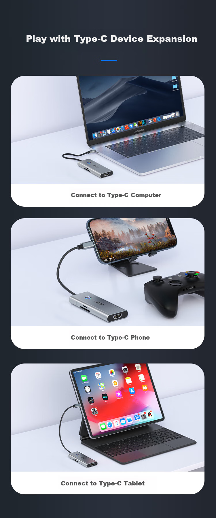 Acer Type-C 7-In Expansion Dock USB3.0 Hub HDMI 60Hz Compatible with MacBook, Huawei Laptops And Tablets Converter with Card Reader Adapter 12