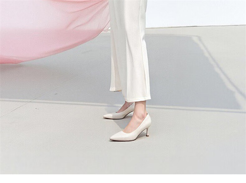 PT'SON Women's High Heels, New Sheepskin Work Shoes, Black Pointed Toe Pumps, Nude Color Professional Shoes, Wide Version, Apricot Color, Size 34 10