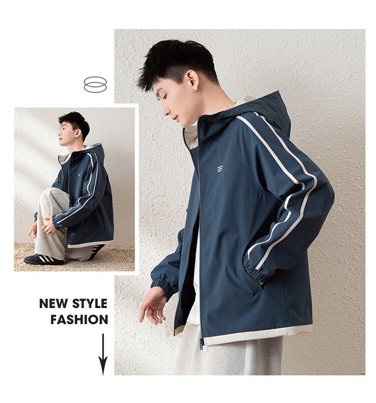 TonLion 2025 Spring Men's Jacket, Color Block Spliced Hooded Coat, Navy Blue, M 2