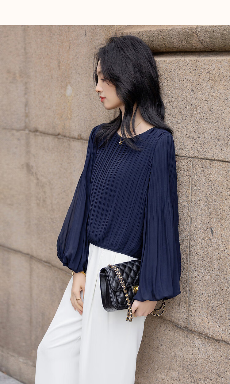 Dme [Gentle Daily] Spring Cream-Colored Textured Chiffon Blouse with Lantern Sleeves, Ladylike Shirt Women's Top 16