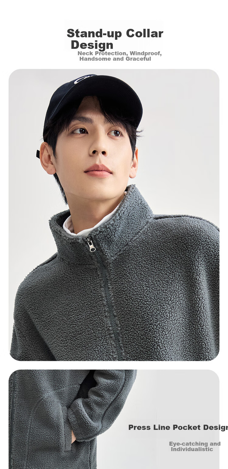 Giordano Fleece Jacket for Men, Faux Sherpa Warm Coat, Quilted Pocket, Stand Collar, Zipper Jacket for Men 01074857 4