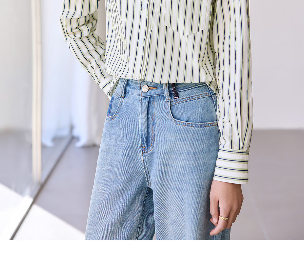 Chushen Women's Long-Sleeve Shirt, Contrasting Color Lapel, Classic Striped Short Casual Commuter Pure Cotton Blouse S51S043 15