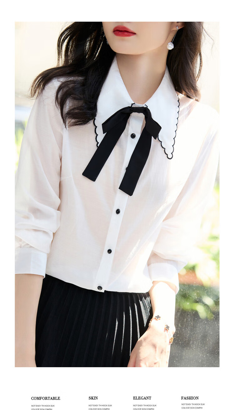 Dme [Detachable Bow Blouse] Spring And Autumn Embroidered Lapel Long-Sleeve Contrasting Color Women's Top Shirt 4