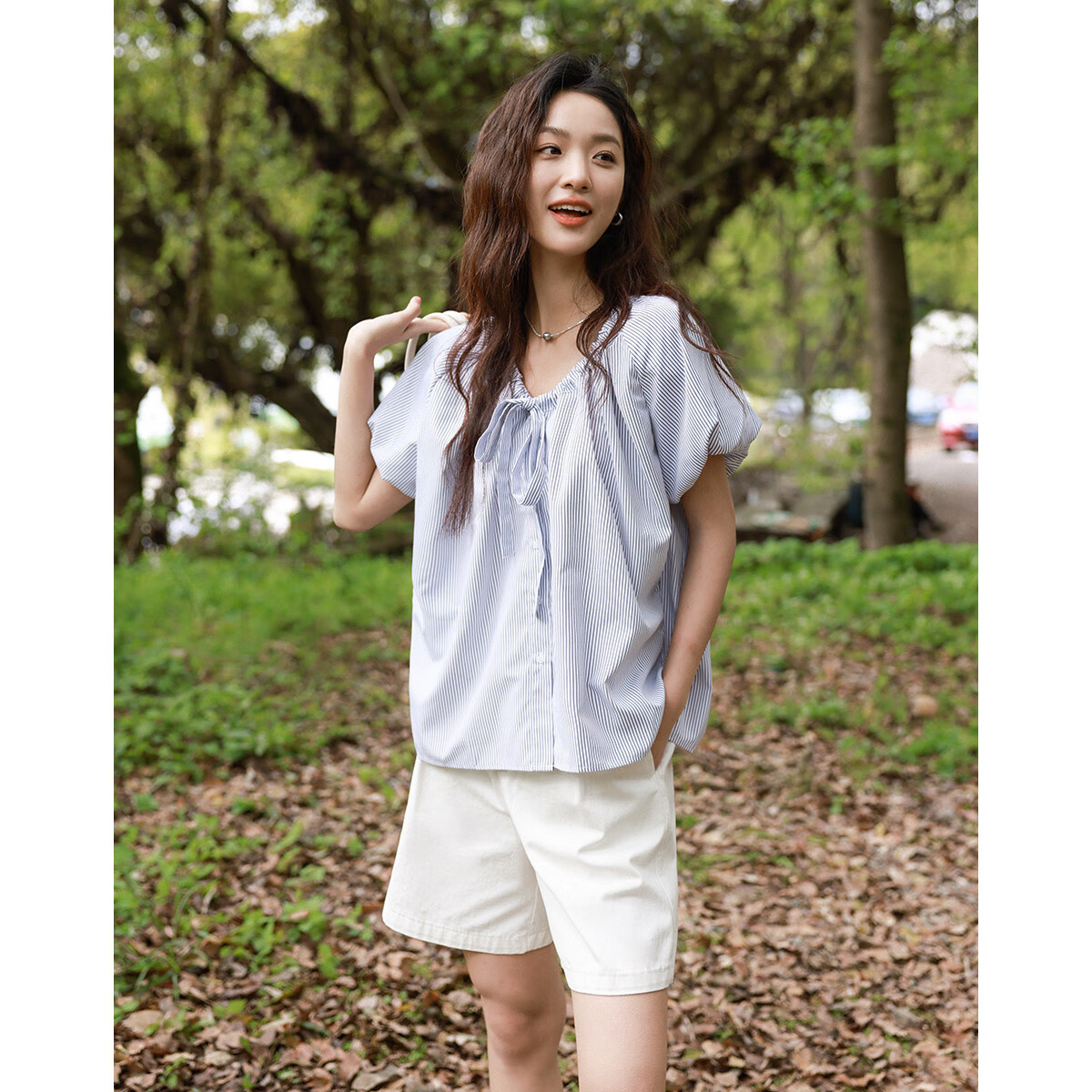 Dme [Academic Style Striped Shirt] Summer Youthful Lantern Sleeve Collar Butterfly Stripe Short-Sleeve Women's Shirt