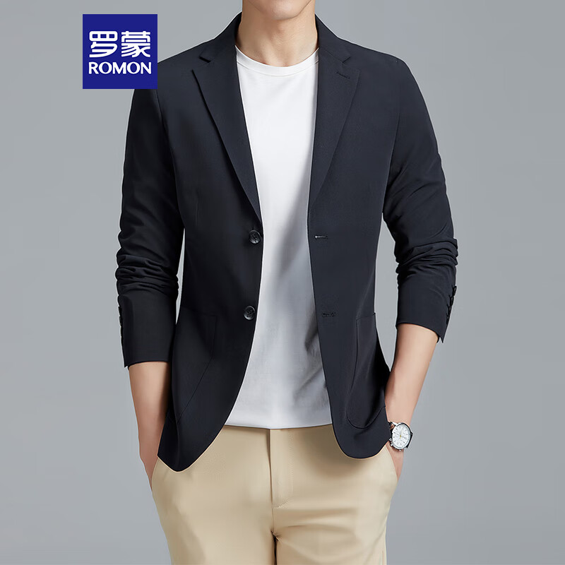 ROMON Men's Four-Season Casual Blazer Business Single-Breasted Suit Jacket Professional Formal Coat 2322 Black M