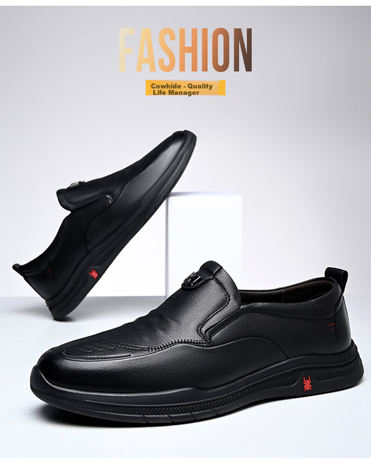 SPIDER KING Men's Shoes, Spring And Autumn Soft Sole Slip-On Loafers, Casual Leather Shoes for Middle-Aged Men, 880181A, Black, Size 44 10