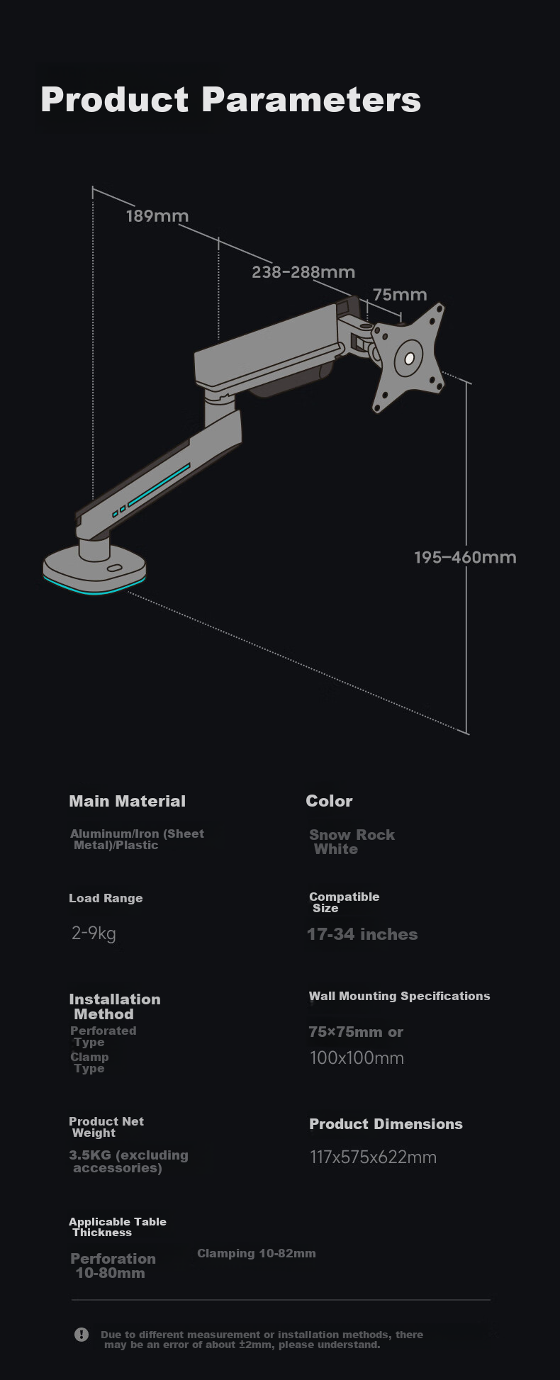 Brateck Beihu Monitor Stand, Mechanical Arm, Computer Stand Desktop Clamp Base, Screen Lifting Suspended Heightening Stand E700 Gray 17-34 Inch, Holographic Light Effect Hanging Lamp 9