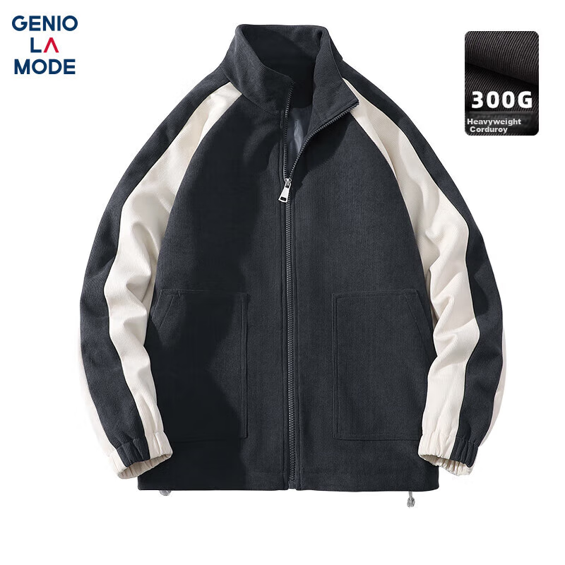GENIOLAMODE Men's Jacket, Autumn And Winter Casual Stand-Collar Contrasting Color Vintage Corduroy Jacket, Trendy Men's Outerwear, Dark Gray, 2XL