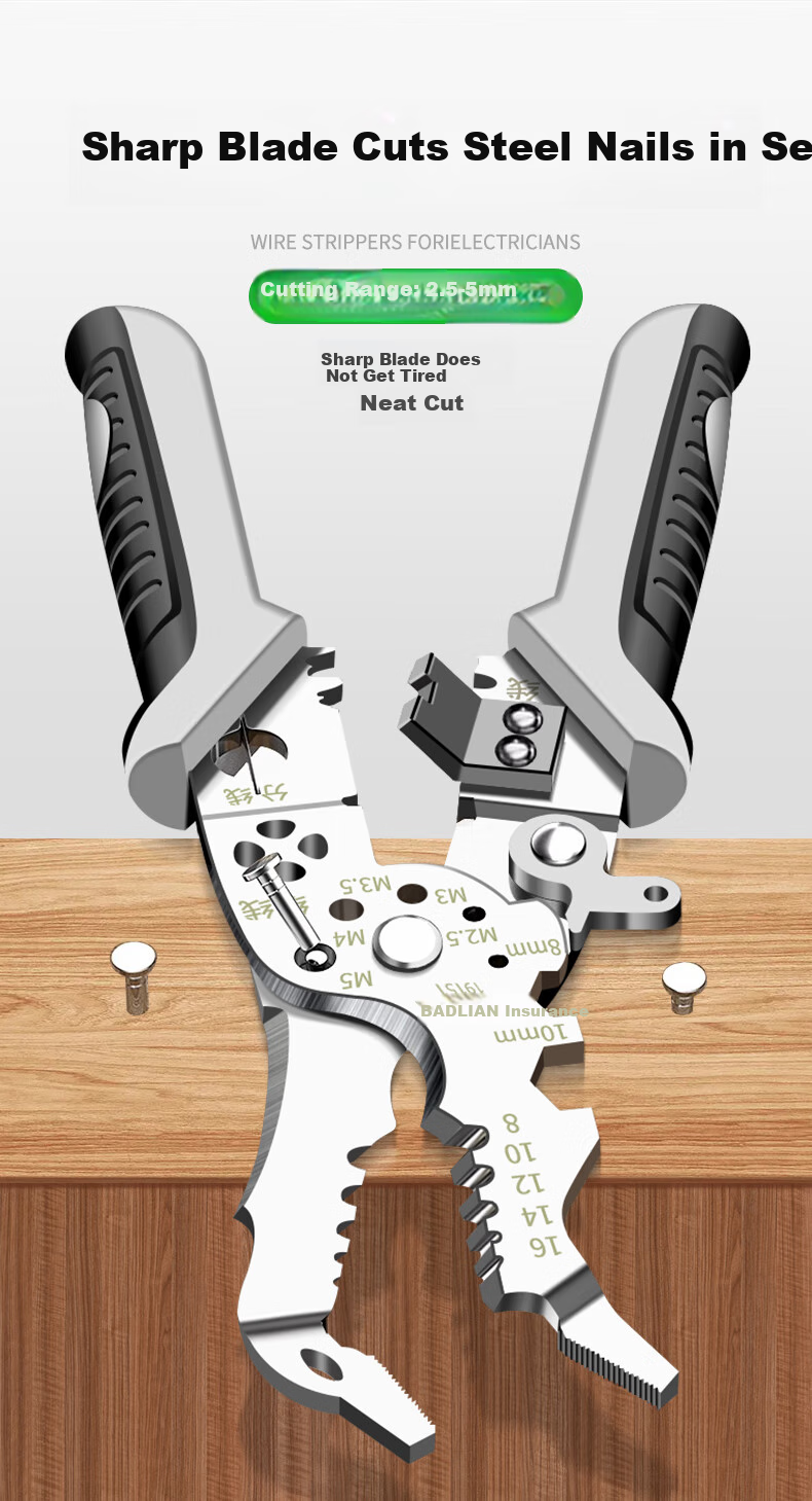 Baolian Wire Stripping Pliers, Multi-Functional Fiber Optic Cable Cutter for Electricians, Stainless Steel Bent-Nose Model 5