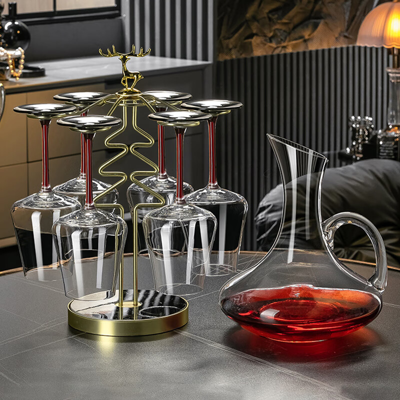 CRISTALGLASS Luxury Crystal Glass Red Wine Glass Set with Decanter and Integrated Rack High Stem Wine Glassware