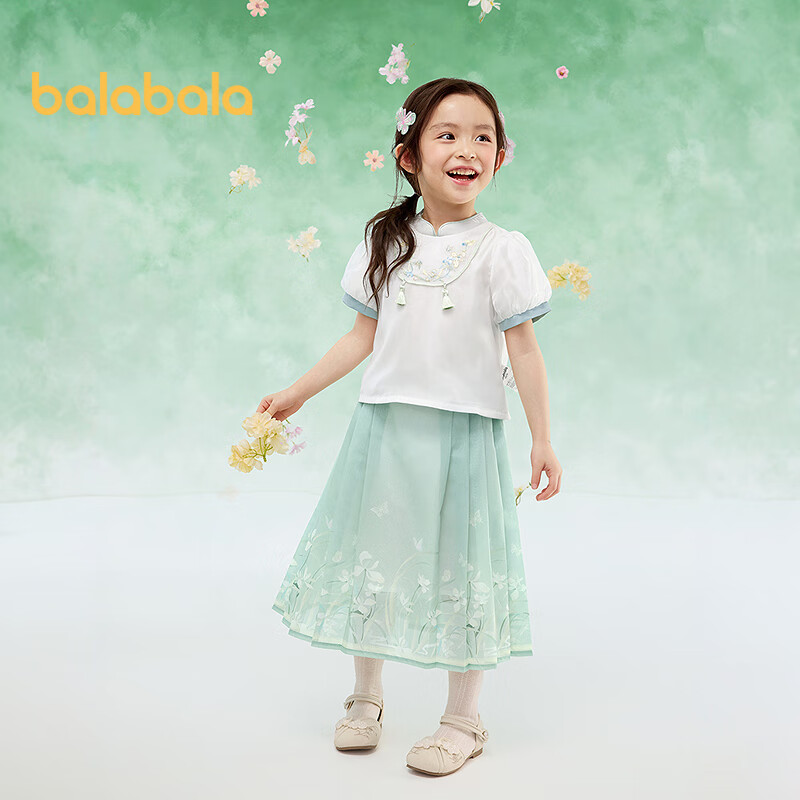 BALABALA Girls' Horse-Face Skirt Children's Outfit Summer New Embroidered Shirt Short Skirt New Chinese Style