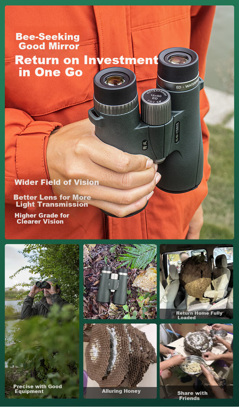 Panda Binoculars, High Magnification, High Definition, Professional Grade, Low Light Night Vision, Nitrogen-Filled, Waterproof, Military Bee-Hunting, Feng 10×50ED 18