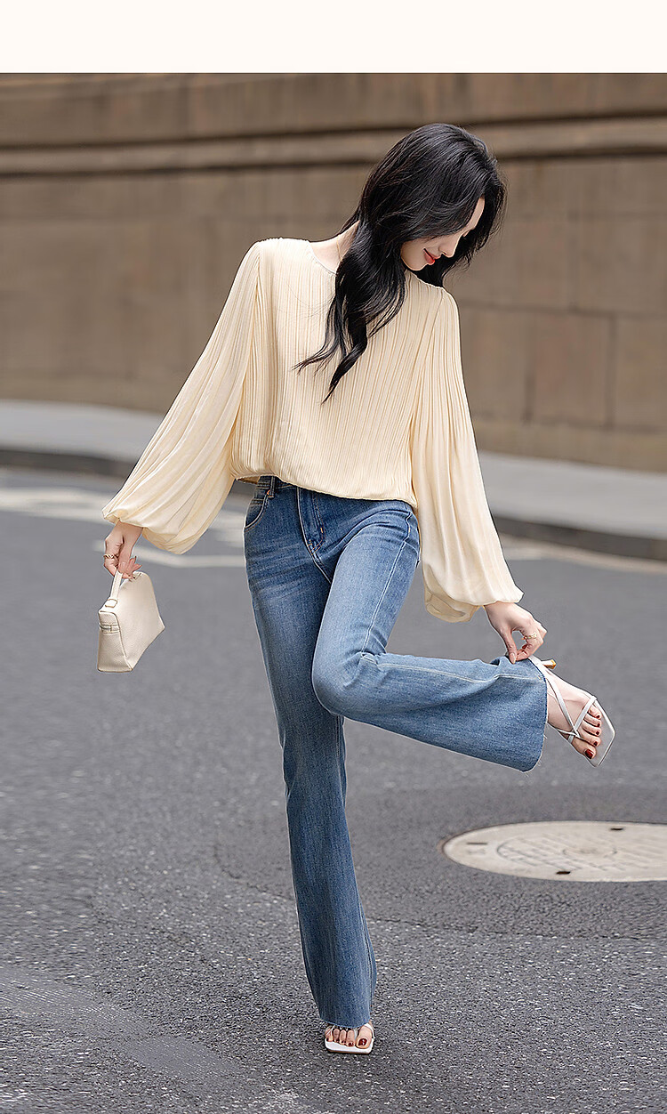 Dme [Gentle Daily] Spring Cream-Colored Textured Chiffon Blouse with Lantern Sleeves, Ladylike Shirt Women's Top 12