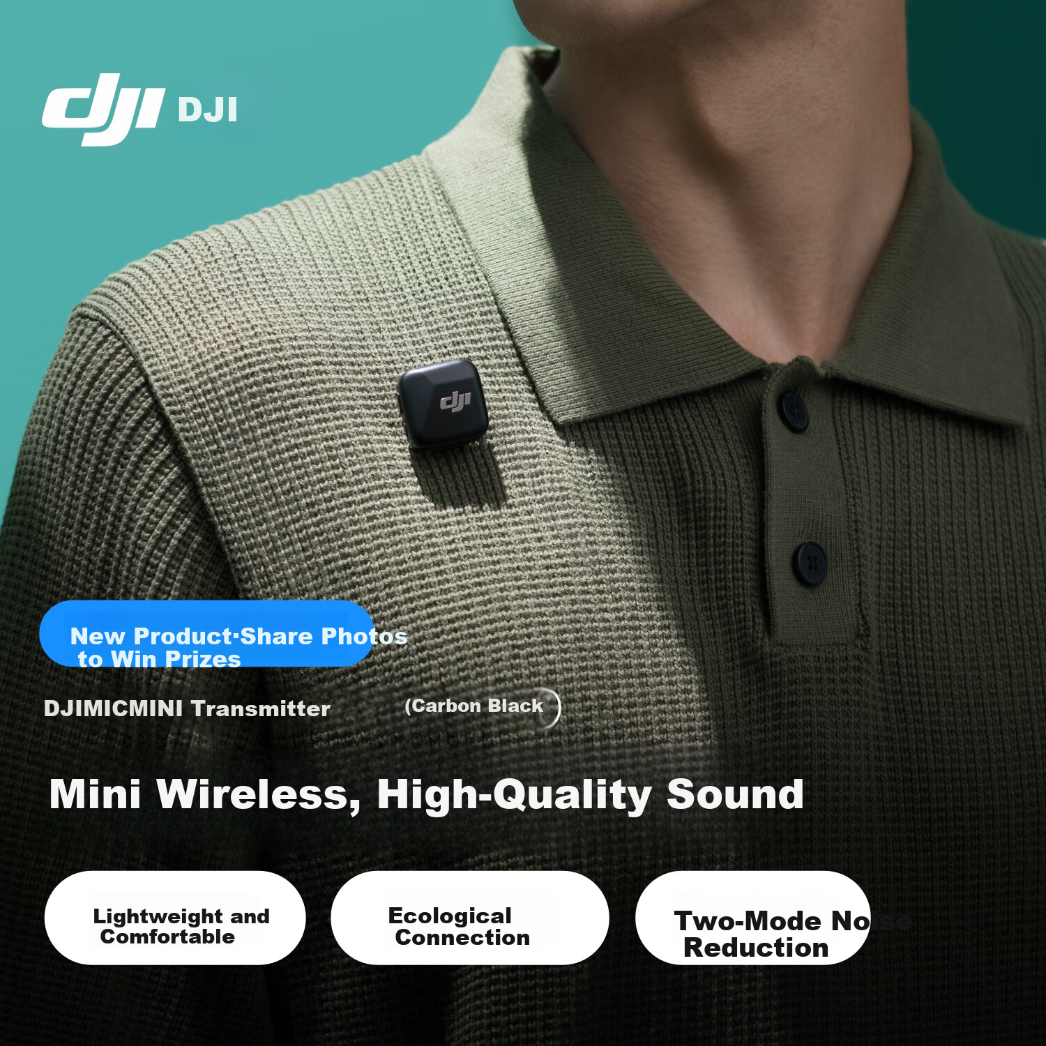 DJI Mic Mini Transmitter (Carbon Black), Mini Wireless Noise-Cancelling Button Clip Microphone for Interviews, Live Streaming, And Vlog Recording