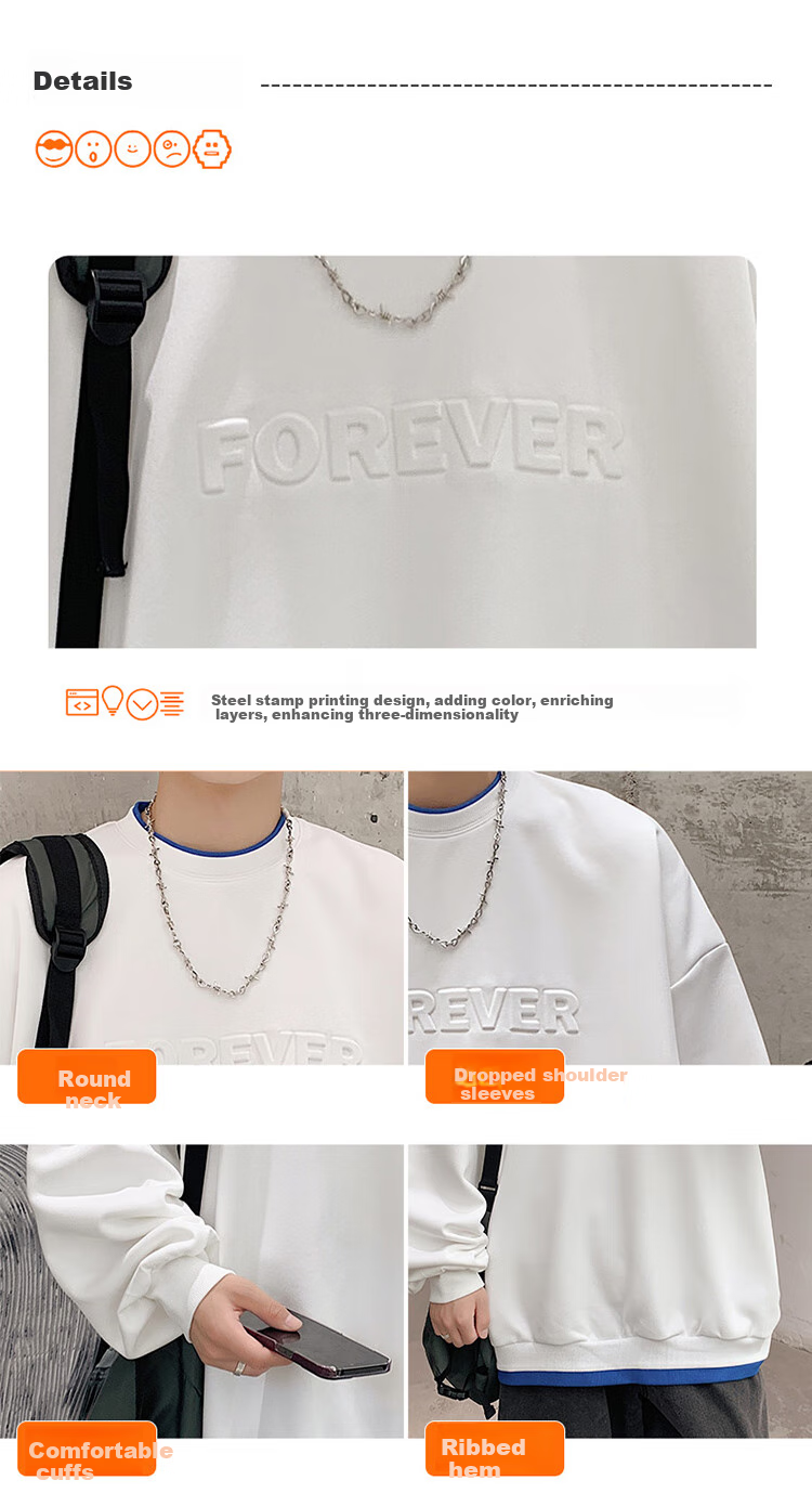 Dingfengbaoluo American Retro Crew Neck Sweatshirt for Men, Spring Trendy Steel-Printed Long-Sleeve Top DFL07 White M 4