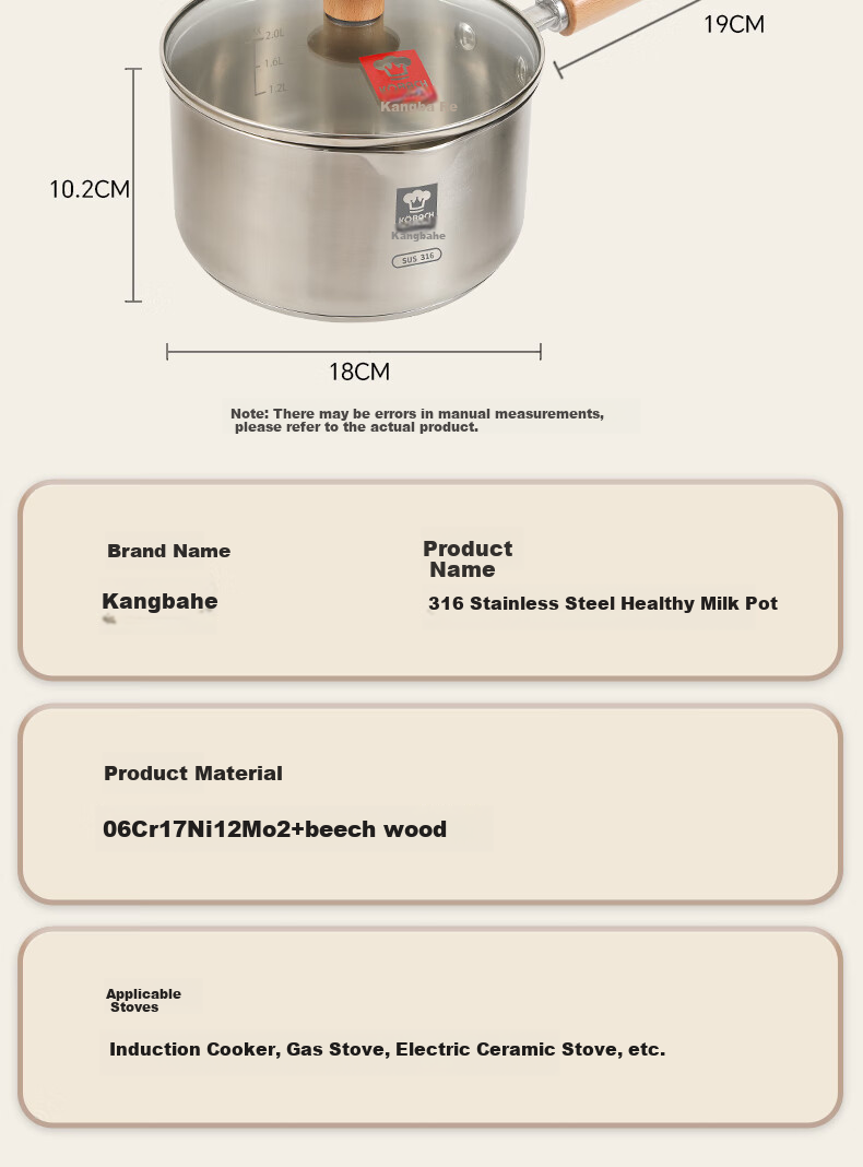 KOBACH 316L Stainless Steel Milk Pot without Coating, Baby Food Pot, Small Milk Pot, Thickened, Compatible with Induction Cooker And Gas Stove 12