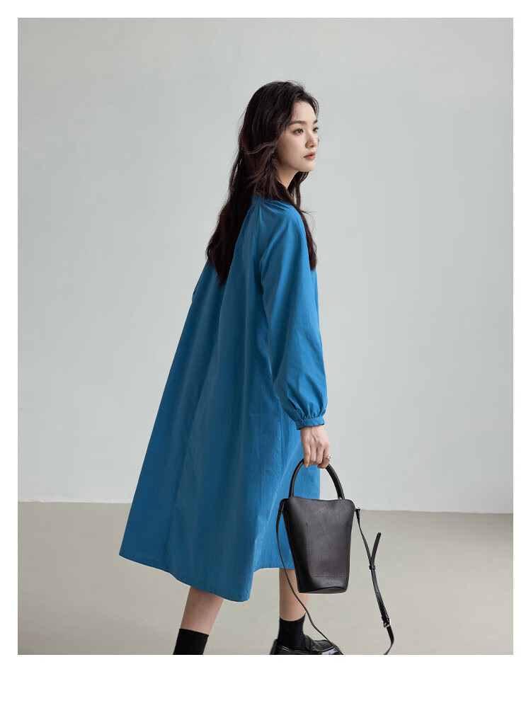 Dme Simple Healing Blue Long Dress Spring Autumn Round Neck Pullover Gathered Long Sleeve Mid-Length Dress 5