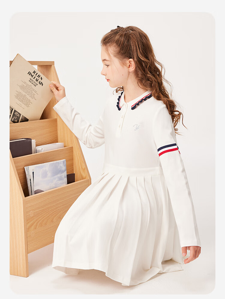 YEEHOO Girls' Dress Children's Skirt Pleated Skirt Casual School Style Long Sleeve Spring White Size 130 8