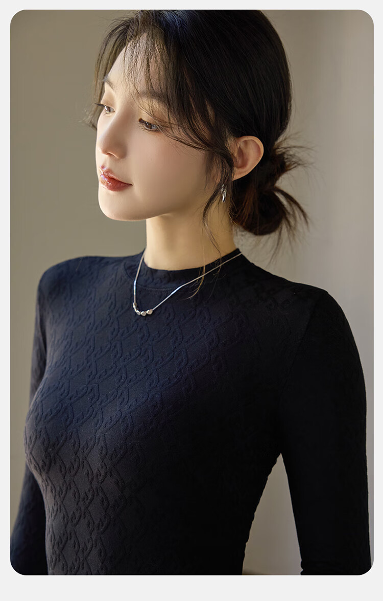 LangSha Base Layer, Spring And Summer Thin Style, Slim-Fit Waist-Cinching T-Shirt for Women, Warm Black And White Color, Slimming Round Neck Inner Wear, Long-Sleeve Top 17