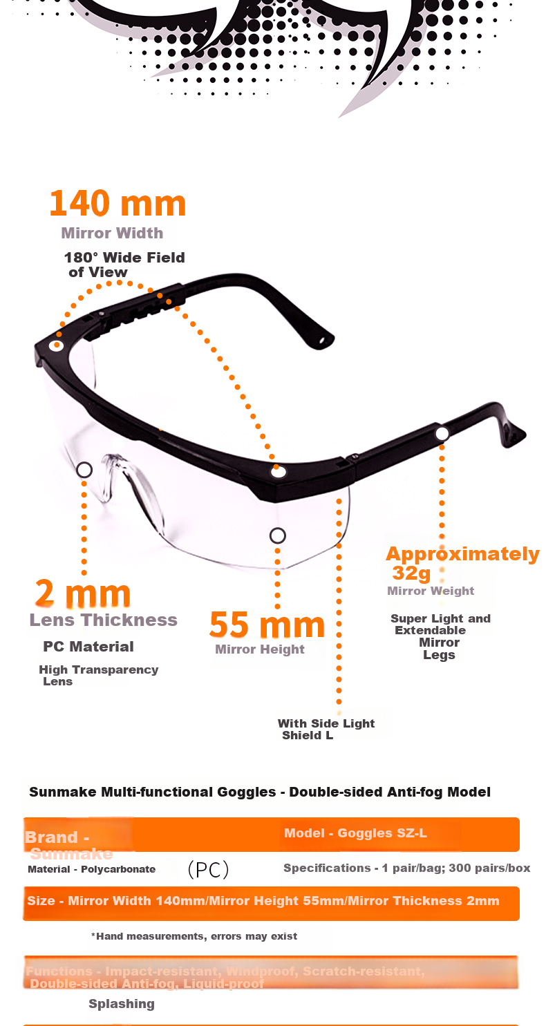 Shunzao Goggles SZ-L, 1 Pair, Double-Sided Anti-Fog, Splash-Resistant, Waterproof, Dust-Proof, Sand-Proof 3