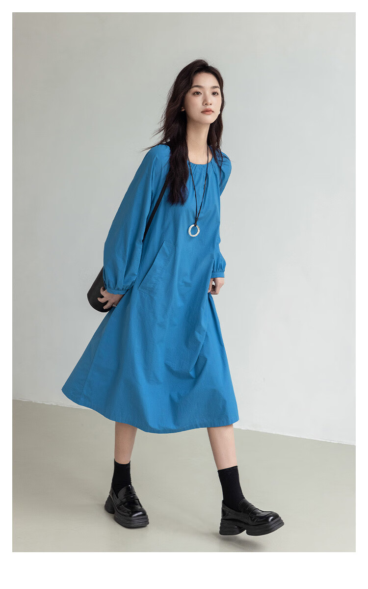 Dme Simple Healing Blue Long Dress Spring Autumn Round Neck Pullover Gathered Long Sleeve Mid-Length Dress 2