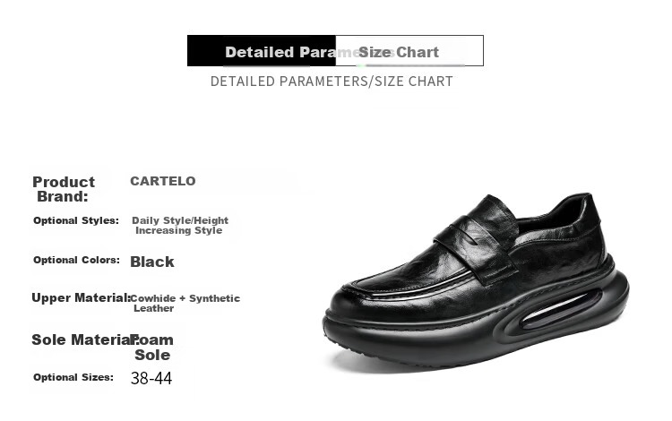 CARTELO Business Casual Leather Shoes with Height-Increasing Air Cushion, Thick-Soled Loafers, Slip-On Elevated Leather Shoes for Men, 9992 Black, Size 40 10