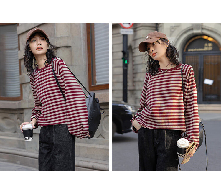 Dme [Urban Parallel Lines] Spring Retro Color-Block Striped Crew Neck Top, Loose-Fitting, Flattering, Comfortable, Versatile Women's Sweatshirt 6