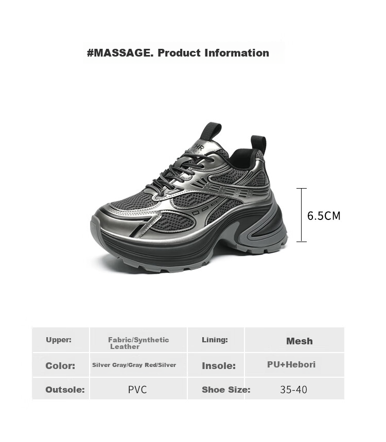 ZHR Dad Shoes for Women, Durable Thick-Soled Sneakers, Comfortable Height-Increasing Lightweight Outdoor Women's Shoes, QT18, Silver Gray, Size 37 2