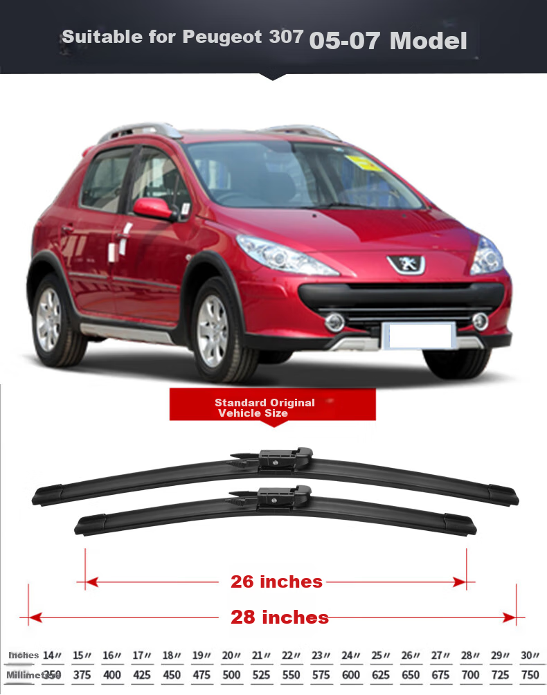 Meisim Jingchi Series Windshield Wipers, Peugeot 307 (2005-2007) Specific Boneless Car Wiper Blades, 28/26 Pair Set 1
