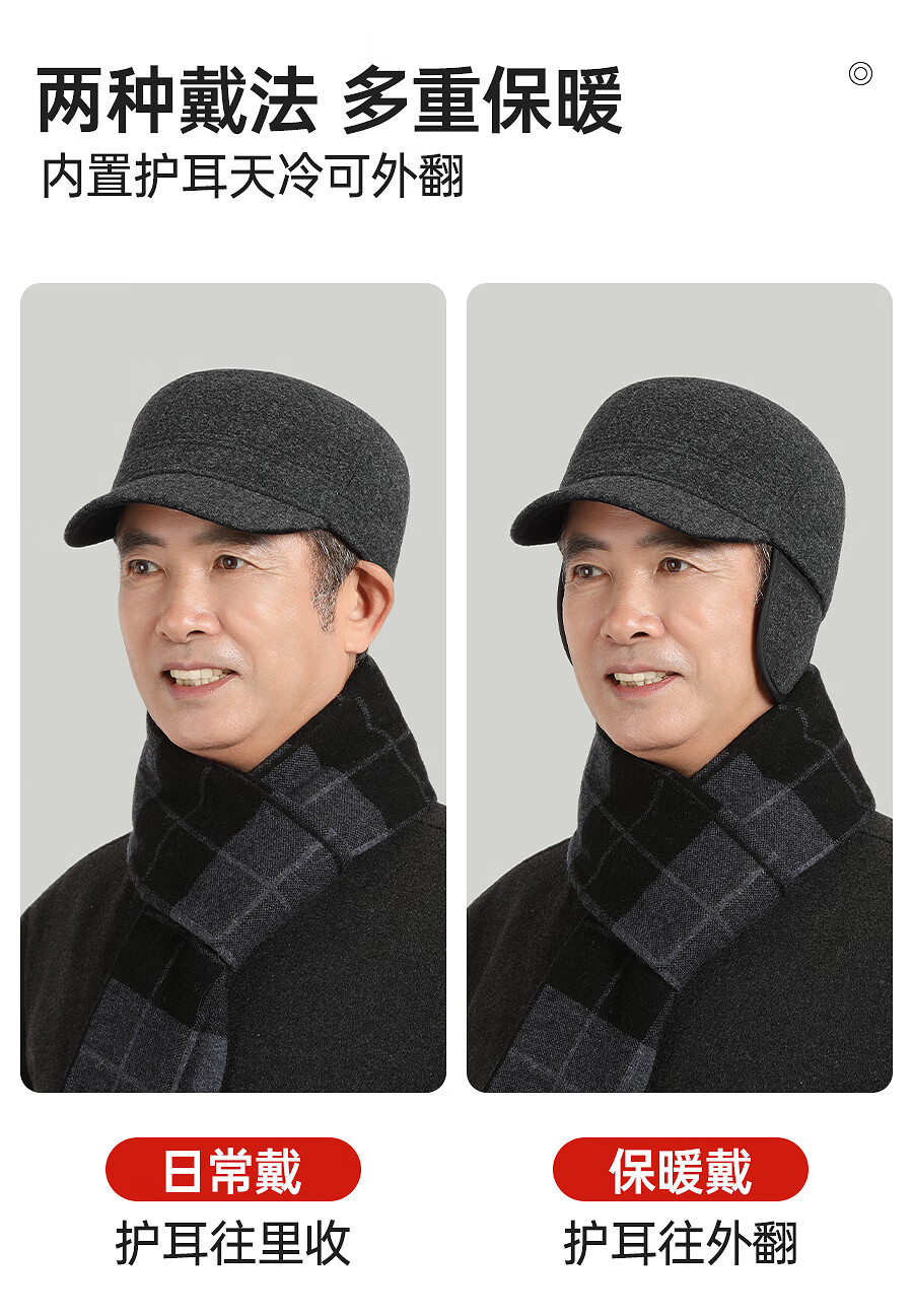 Hengyuanxiang Men's Warm Wool Flat Cap with Ear Protection Middle-aged and Elderly Baseball Hat Birthday Gift 5