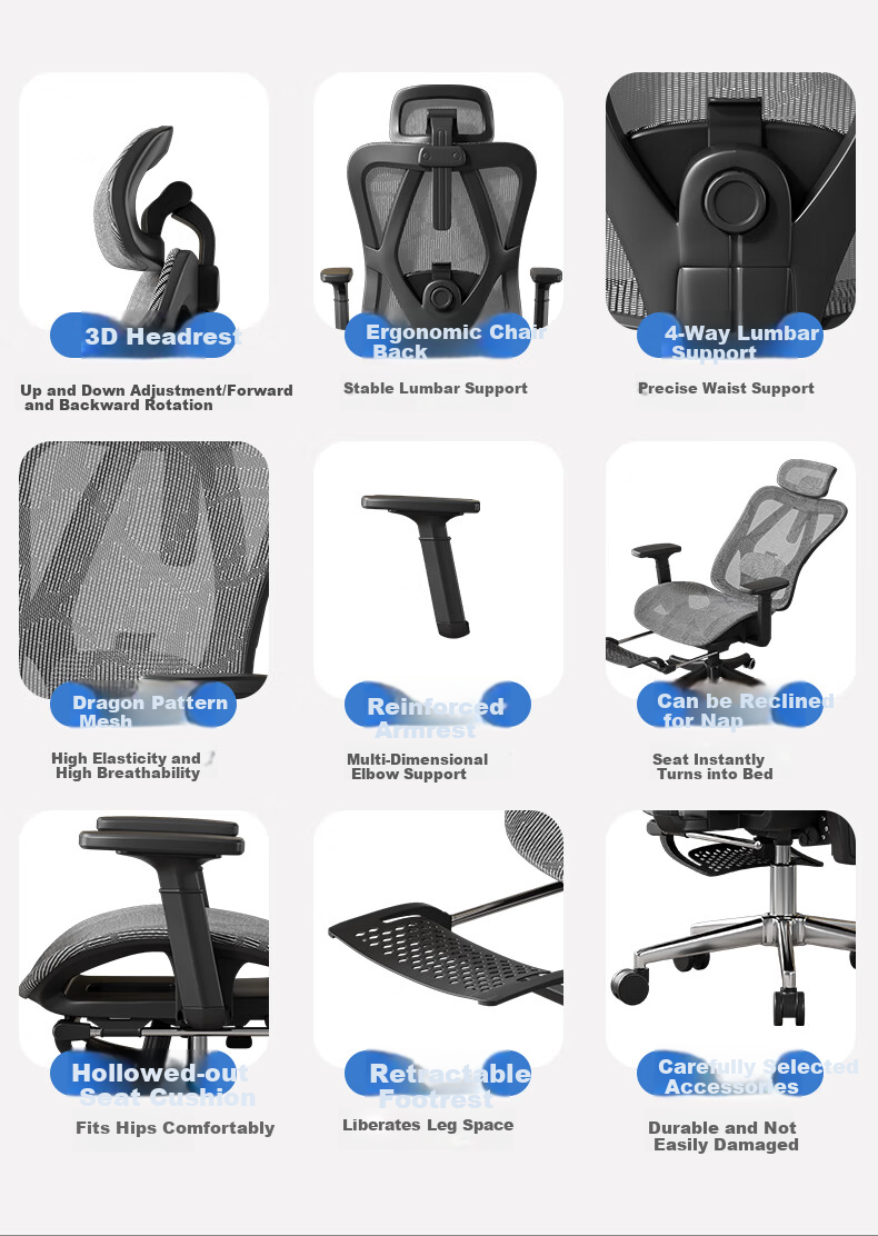 BECAUSES Ergonomic Chair, Multifunctional Adjustable Nap Reclining Computer Chair, Comfortable Office Chair for Long Sitting, Gaming Chair 0815T 3