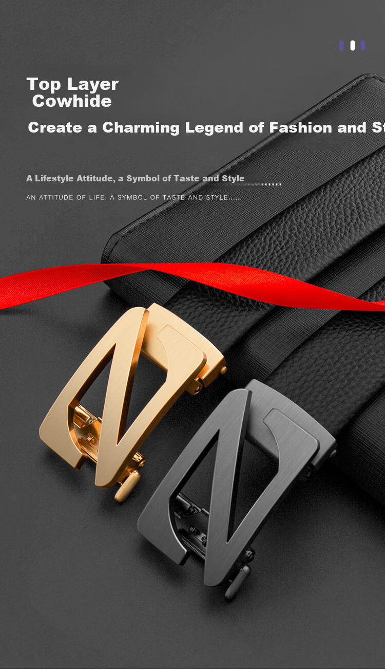 COW Leather Belt for Men, Top-Grain Cowhide Belt with Casual Automatic Buckle, Gift for Boyfriend's Birthday, 2008 Lychee Pattern Gold 1
