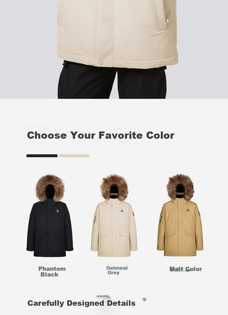 CAMEL Workwear down Jacket, Mid-Length, White Duck Down, Collar, Casual Sports Thickened Coat, Winter Season, M13CAKI038A 42
