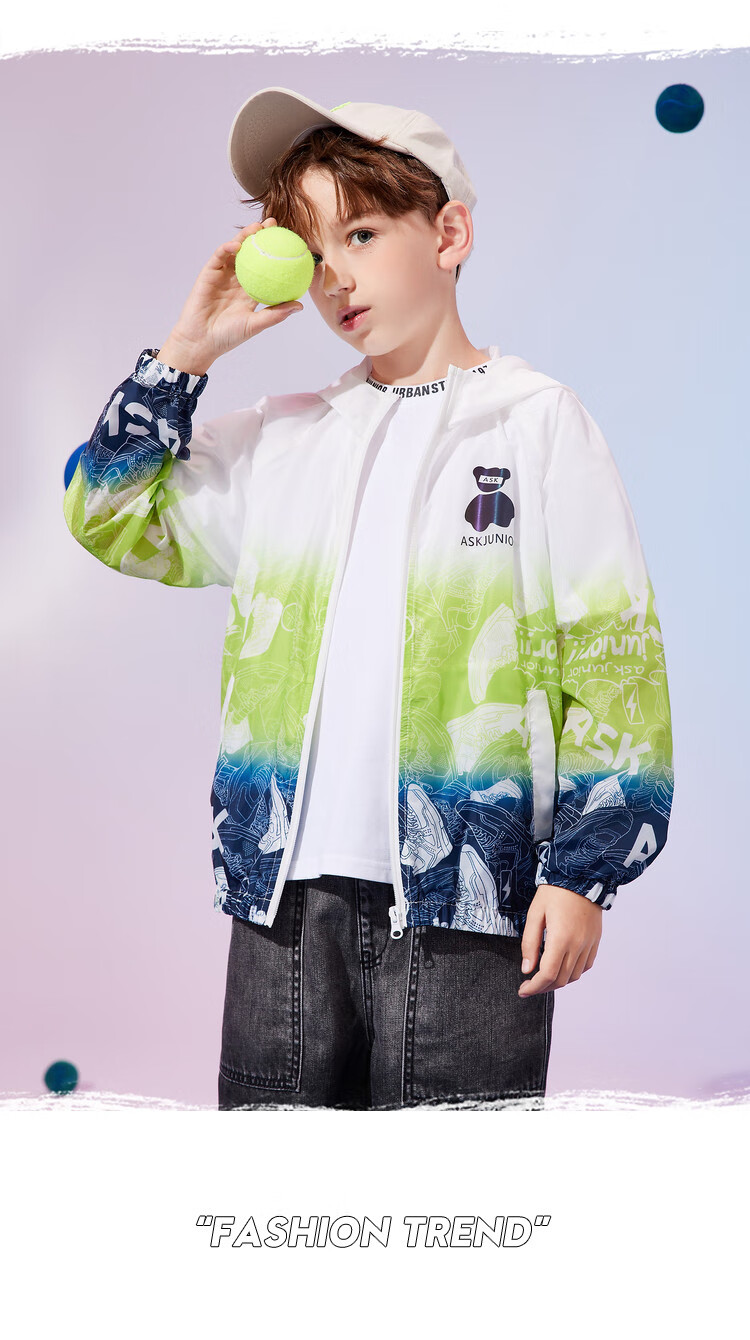 ASK JUNIOR Boys' Summer Air-Conditioned Jacket Skin Coat Colorblock Hooded Sports Windbreaker Light Blue 160 8