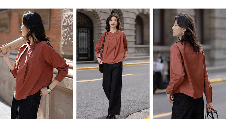 Dme [Pure Cotton Comfort Zone] Spring Chinese-Style New Chic Pleated Round Neck Shirt, Lazy-Fit Blouse Top 1