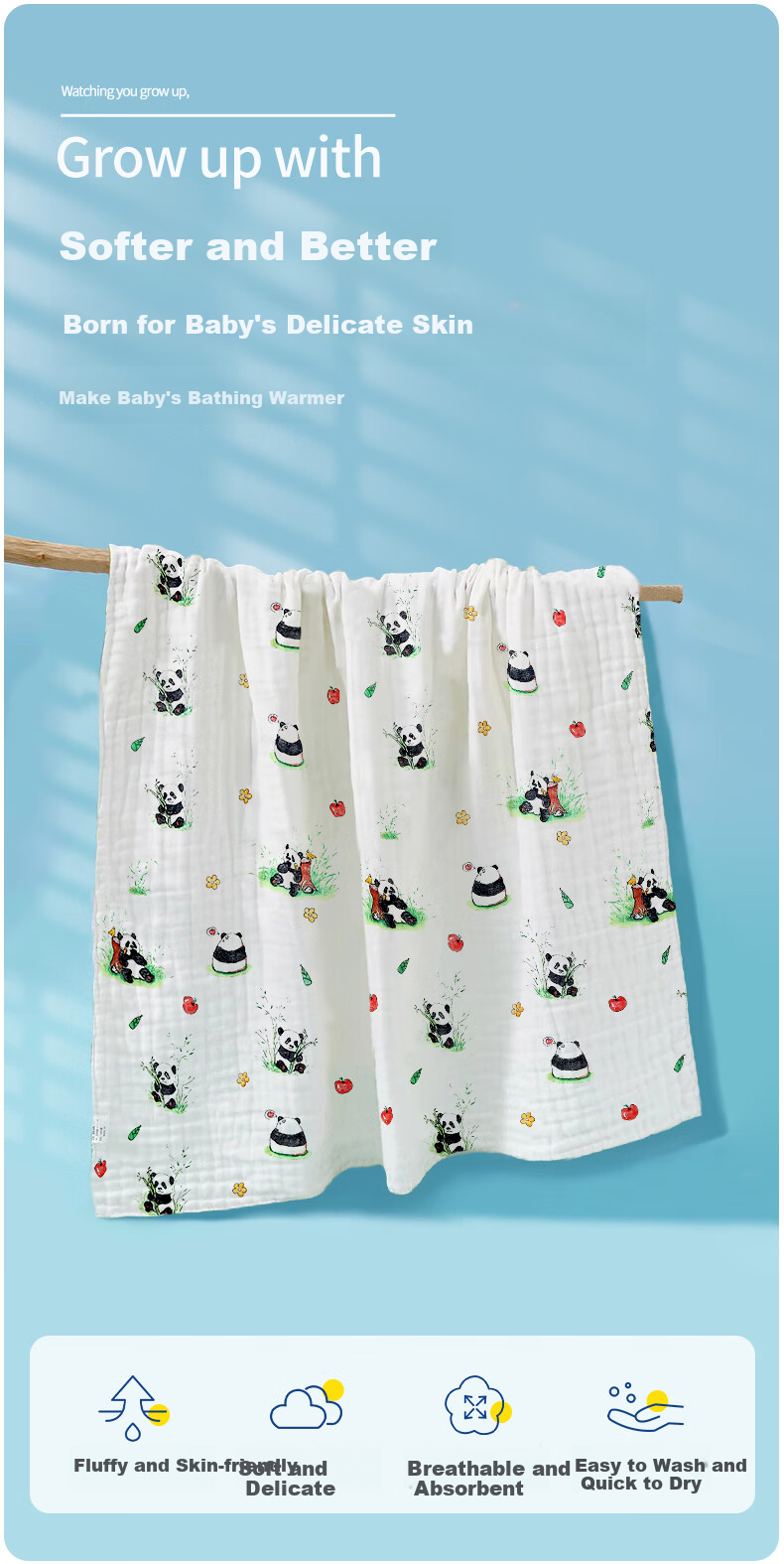 Nanjiren Baby Bath Towel, Pure Cotton, Dense Gauze Bath Towel, Wrap Towel, Newborn Children's Large Towel, 110*110CM 2