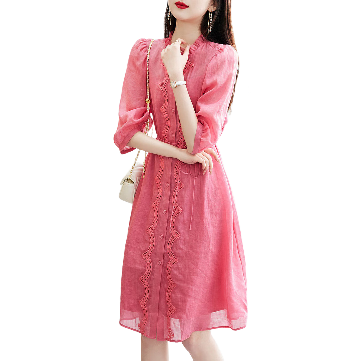 Dme [Breathable 100% Ramie] Spring And Autumn Natural Comfortable Round Neck Tie-Up Embroidered Three-Quarter Sleeve Dress