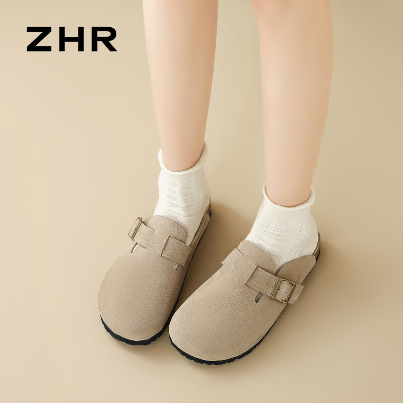 ZHR Women's Slippers, Retro Suede Cowhide Birkenstock-Style Shoes, Soft-Soled Outdoor Wear, Closed-Toe Slippers for Women, JQ03, Sand Color, Size 35