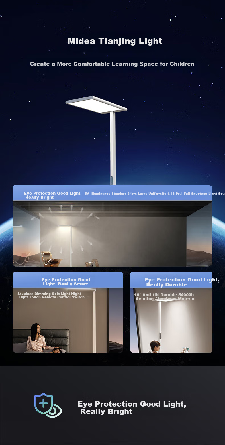 Midea Pro2 Large Street Lamp Full Spectrum Eye Protection Floor-Standing Desk Lamp for Bedroom, Living Room, Children's Study And Reading 5