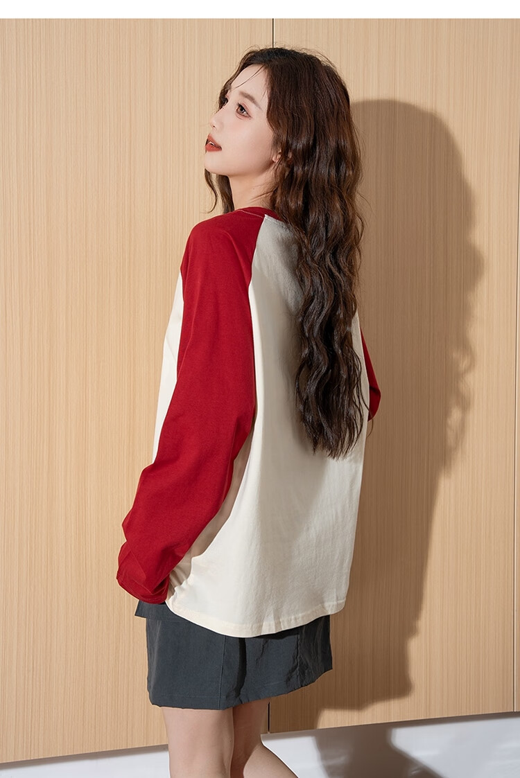 TonLion 2025 Women's Front Chest Print Raglan Long Sleeve T-Shirt, Cherry Red, Size S 10