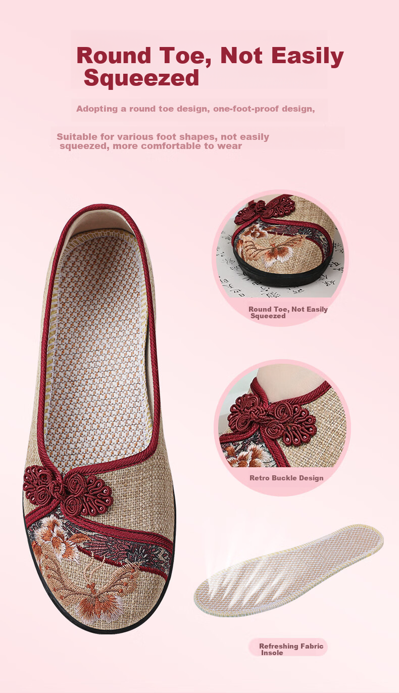 BUS HEYUAN Soft Sole Breathable Flats with Buckle, Mom Shoes, Slip-On Shoes, Traditional Beijing Cloth Shoes for Women 510-1332 Red 35 7