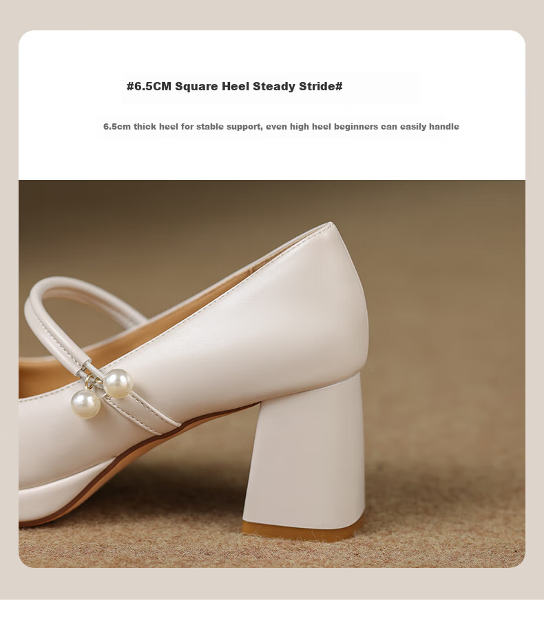 ZHR Women's Lambskin Flats, Shallow Mouth, Chunky High Heels, Mary Jane Shoes, Retro Square Toe, Height-Increasing Women's Shoes, CQ61 Beige, Size 39 7