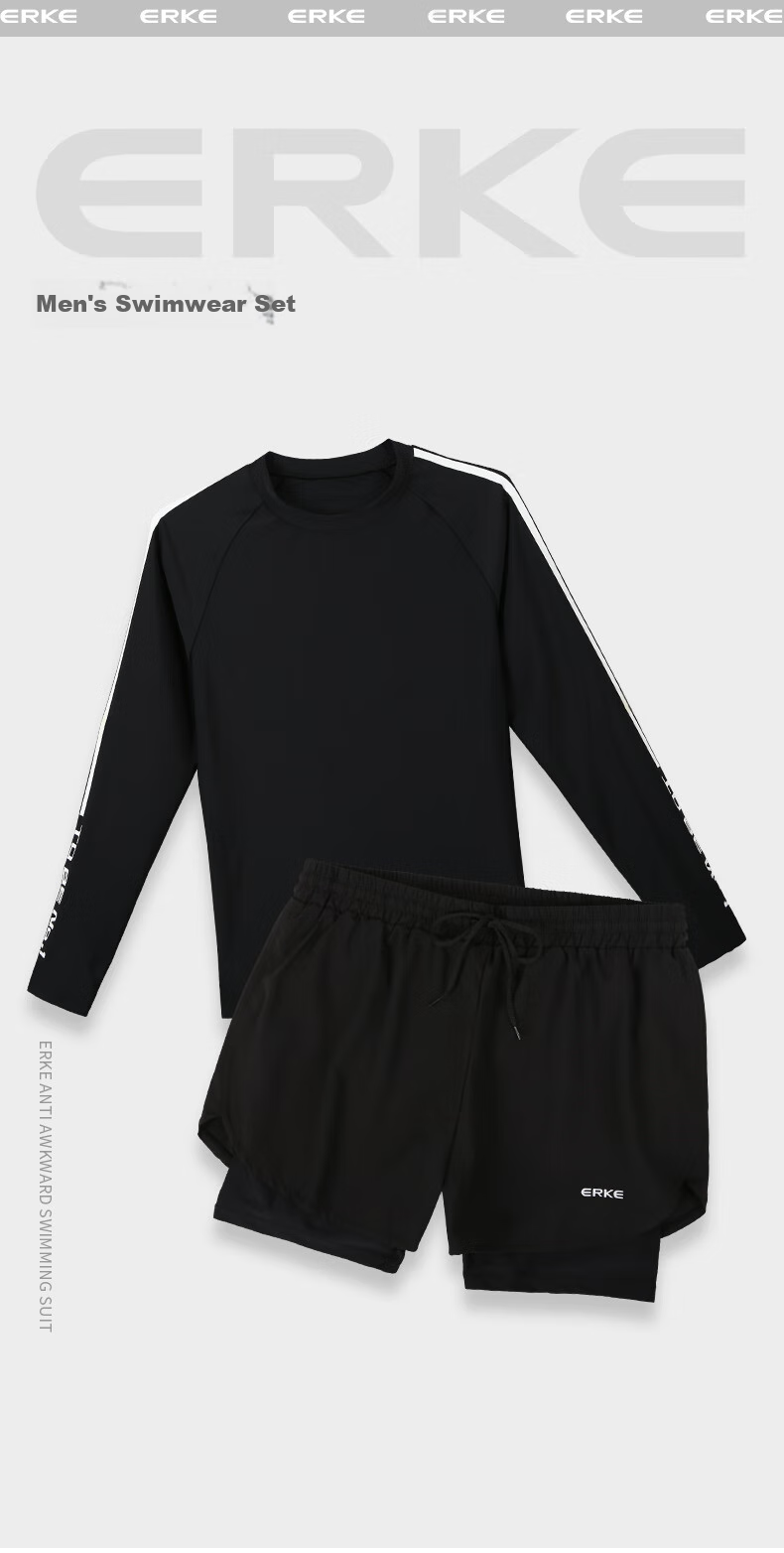 ERKE Men's Two-Piece Swimsuit Set with Long-Sleeve Top And Swimming Trunks, Anti-Embarrassment Swimwear for Hot Springs 1