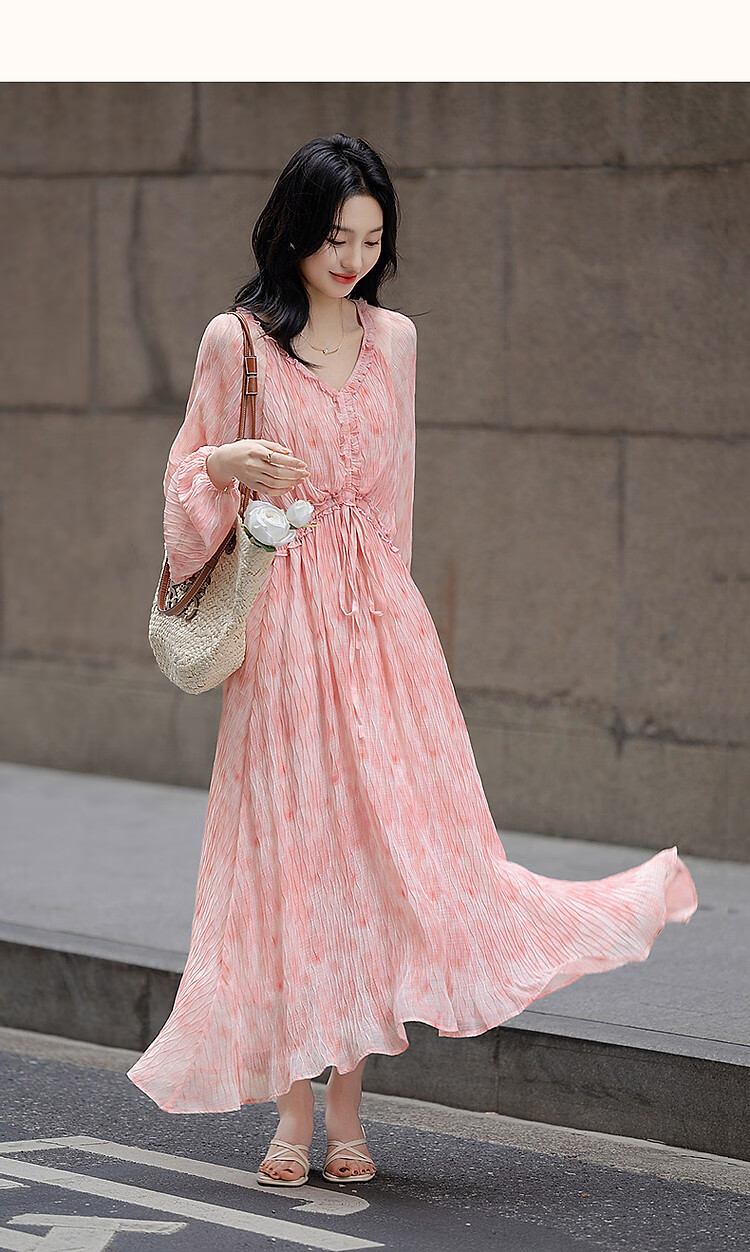 Dme [French-Style Muse] Spring Lightweight Wrinkle-Resistant Chiffon Floral Fairy Dress, Waist-Cinching Ruffle Trim Women's Dress 12