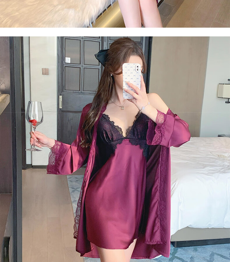 YINSLEEP Summer Thin Purple Elegant Satin Light Luxury Lace Nightgown, French Pure Desire Style Sexy Spaghetti Strap Sleepwear 6