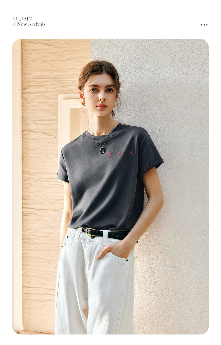Olrain Gray Short-Sleeve T-Shirt for Women, Elegant Office Wear with Fun Embroidery Design, Gray, Size L 4