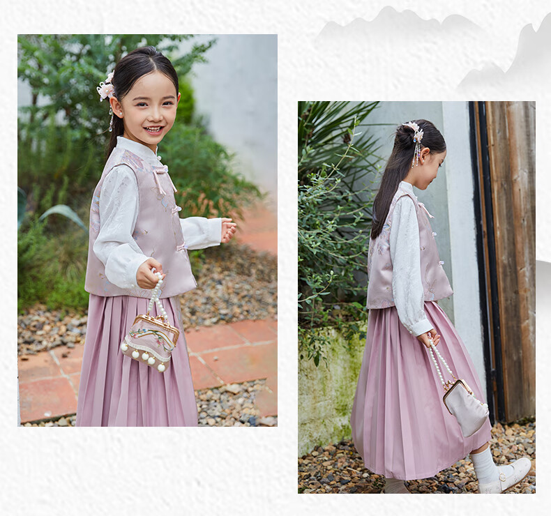 Follow Me Girls' Horse-Face Skirt Set, Spring And Autumn Season, Little Girl's New Chinese-Style Hanfu, Children's Traditional Style Skirt, Pink, Size 165 8