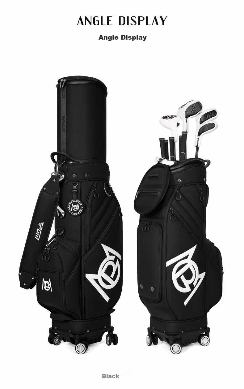 PGM Golf Bag, Hard Shell Expandable Bag, Four-Wheel Flat Push, Airline Carry-On, Reversing Golf Clubs, Soft Leather, Off-White Color 12